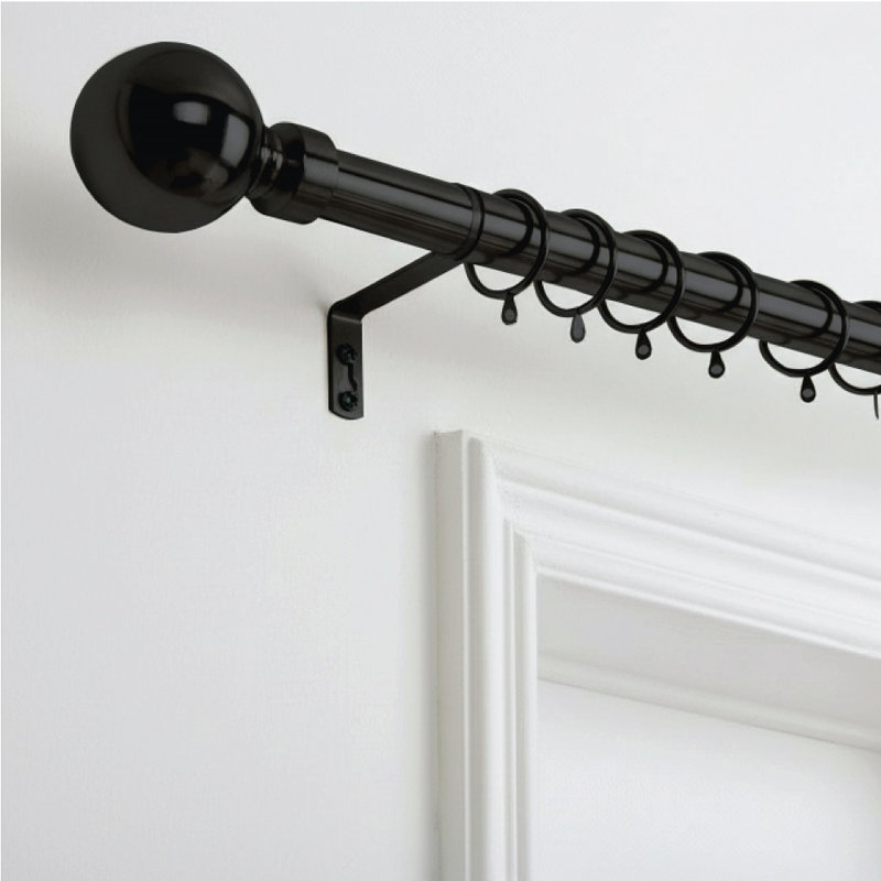 Extendable Metal Curtain Pole with Rings & Brass Finials, Adjustable Window Curtain Rod for Home & Office, Matte Black