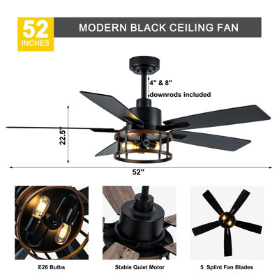 52" Modern Matte Black Ceiling Fan with Light and Remote/APP Control, Quiet DC Motor, Reversible Fan Light for Living Room & Bedroom