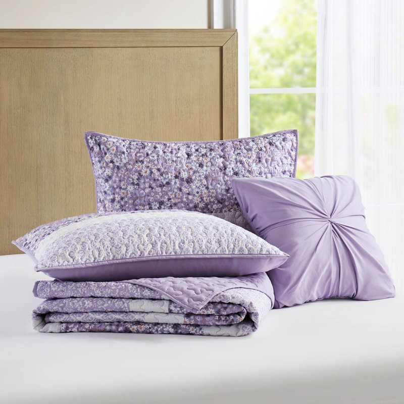 Courtepointe 4 pièces Seersucker pour lit double / grand - imprimé botanique floral, coussin froncé et jeté lavable à la machine en microfibre