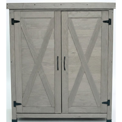 Outdoor Work Station Table, Gray Solid Wood Potting Bench With Storage, Design, Magnetic Door, For Patios, Decks Bench, Hemlock Metal Table And Adjustable Footpad, Ideal Yards, Porches