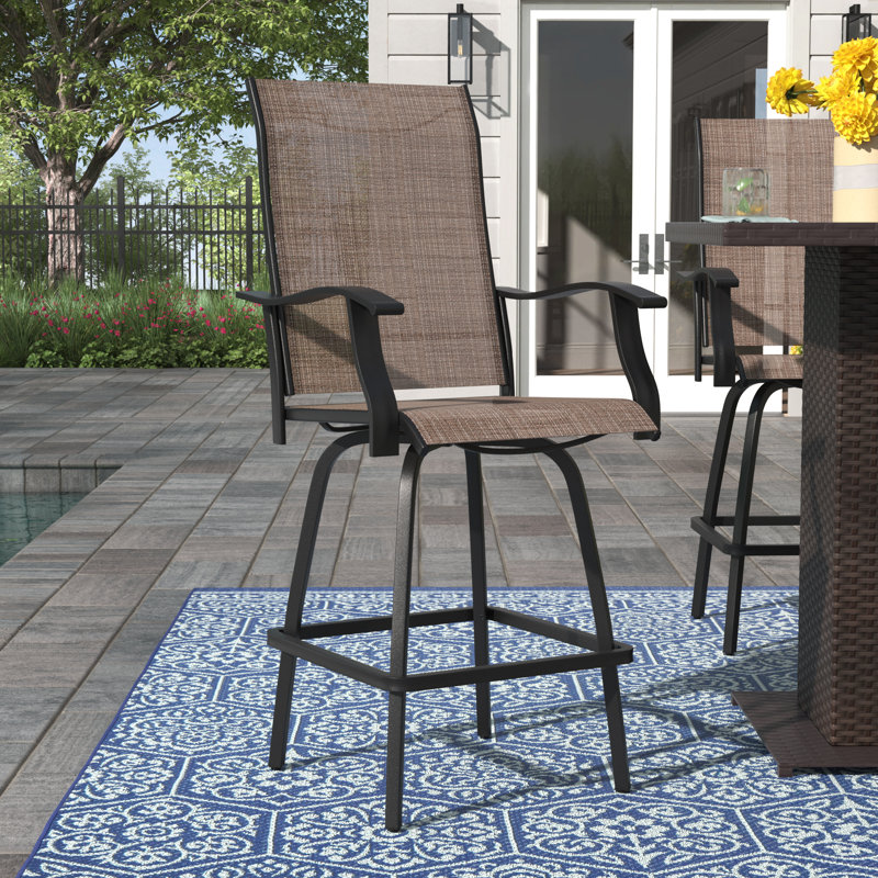 All-Weather PVC-coated polyester Swivel Patio Stools and Deck Chairs with High Back & Armrests, Brown