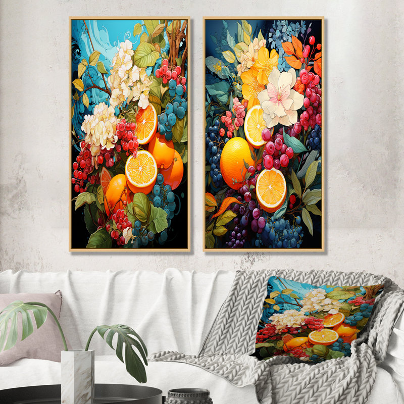 «Garden Colors Fruit Harmony» - ensemble de 2 reproductions d'art mural fruits, Encadrement brun, H 40 po x l 41 po