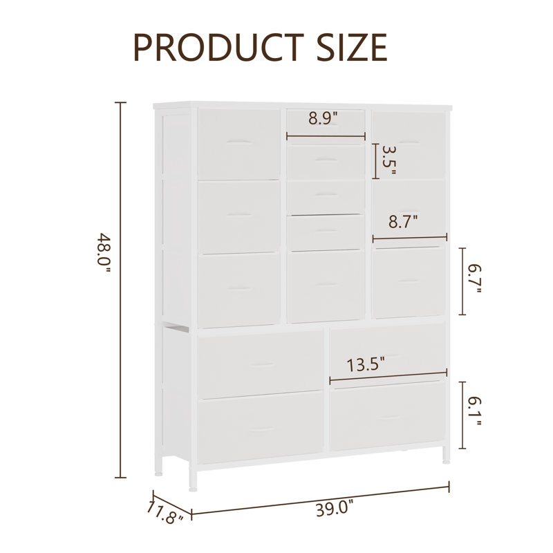Space-Saving 15-Drawer Tall Fabric Dresser Organizer Tower - Metal Frame, Wood Top, Easy-Pull Handles - For Bedroom, Closet, Hallway, Entryway - White