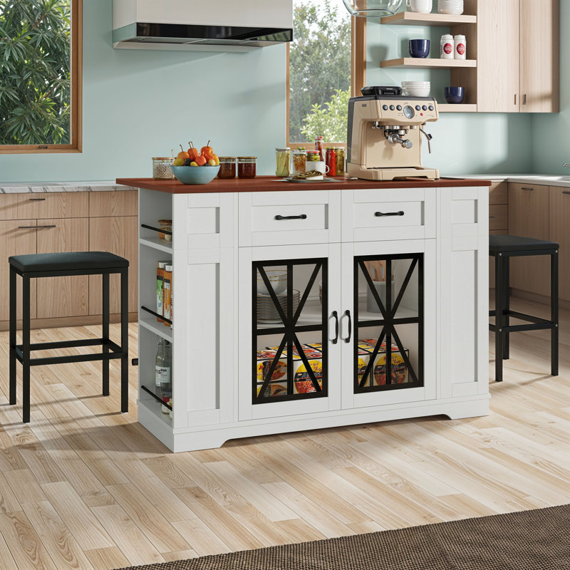 47" Large Portable Kitchen Island Dining Bar Kitchen Table with Drop Leaf and 2 Stools, White/Black/Dark Brown Wood