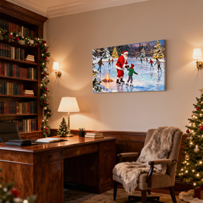 Christmas Santa Skating With Child On Ice Rink Set of 3 Canvas Wall Art Prints