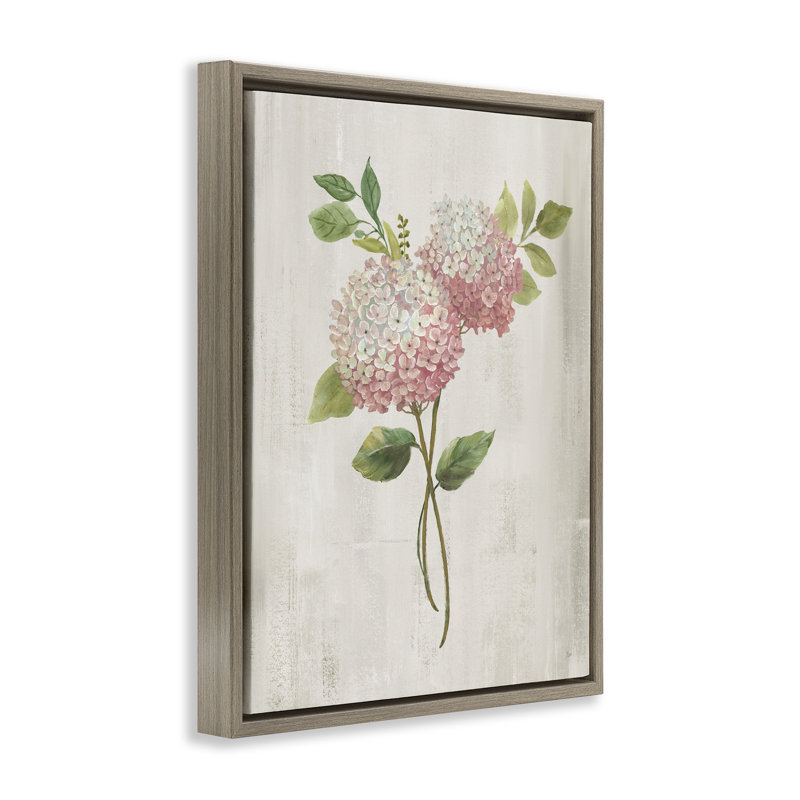 Cadre flottant à tiges d'hortensia rose, design par Nan, H 21 po x l 17 po, Montalcino orme flottant encadré
