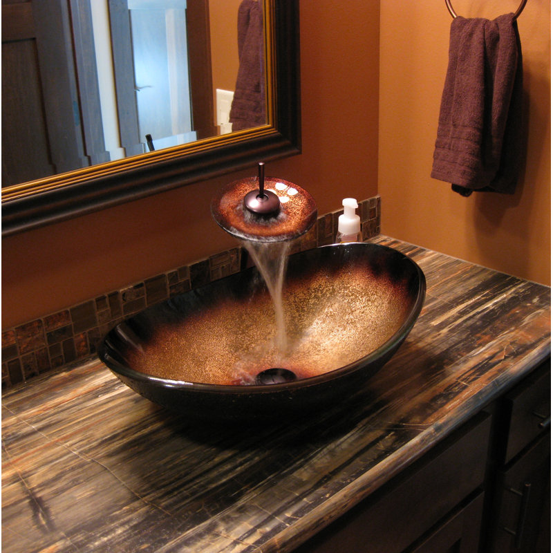 Novatto 14.5'' Copper/Black Glass Oval Bathroom Sink, Oil Rubbed Bronze