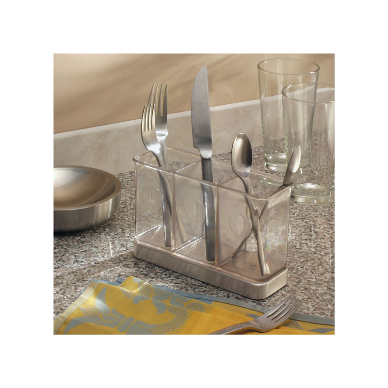 Clear Plastic and Stainless Steel Utensil Holder with 3 Compartments