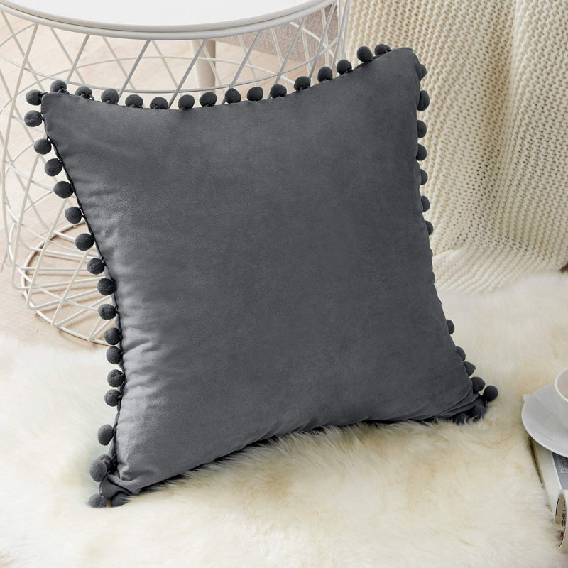 Pom Pom Velvet Tassels Pillow Cover, Dark Gray, 18"x18"