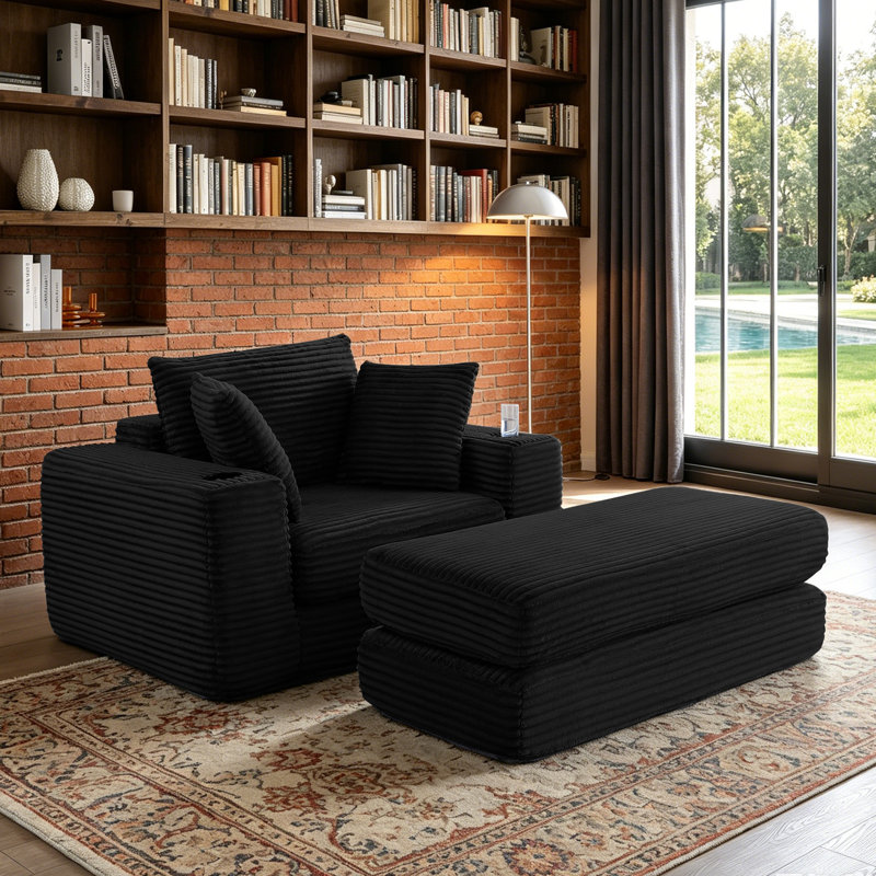 Masir Oversized Modular Lounge Chair, Convertible Sleeper Sofa with Ottoman & Cup Holders,Black Corduroy., Black