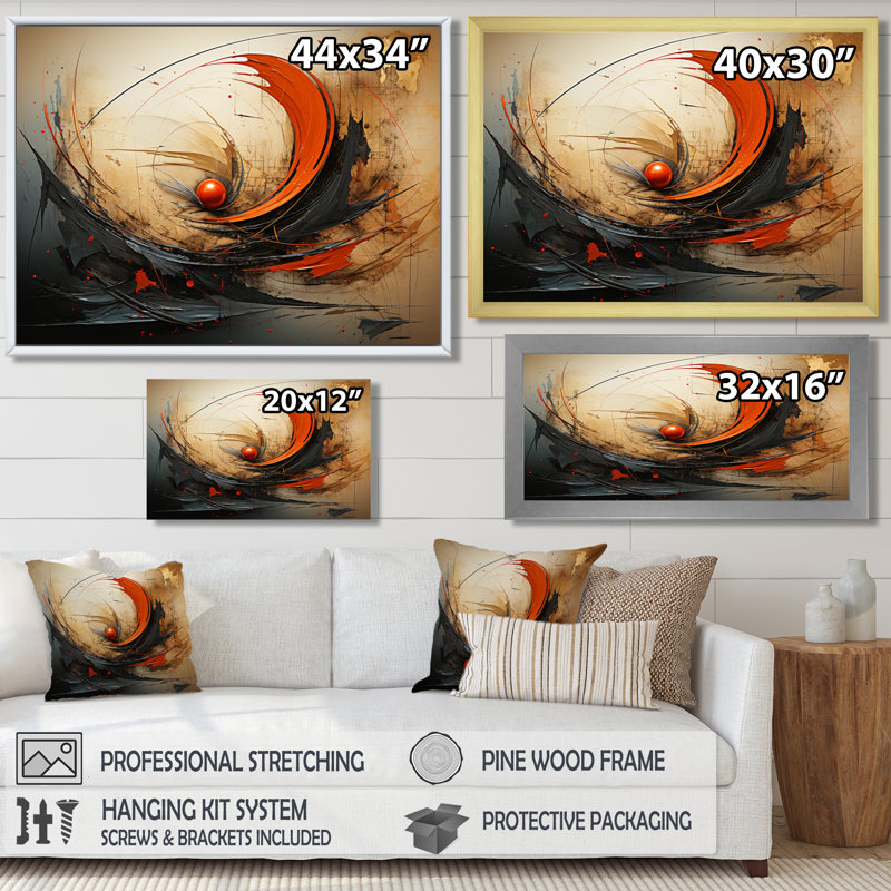 Wild Waves Retro Orange Core - Spiral Abstract Wall Art Print, 12" H x 20" W x 1" D, Black Floater Framed Canvas