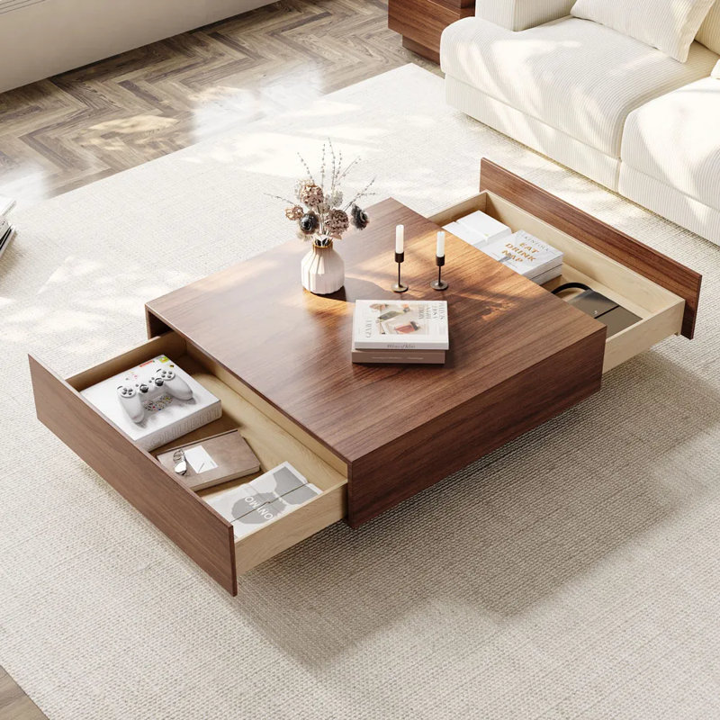 Cristyle Fully Assembled 2-Drawer Square Coffee Table, 13.78" H x 35.43" L x 35.43" W, Brown