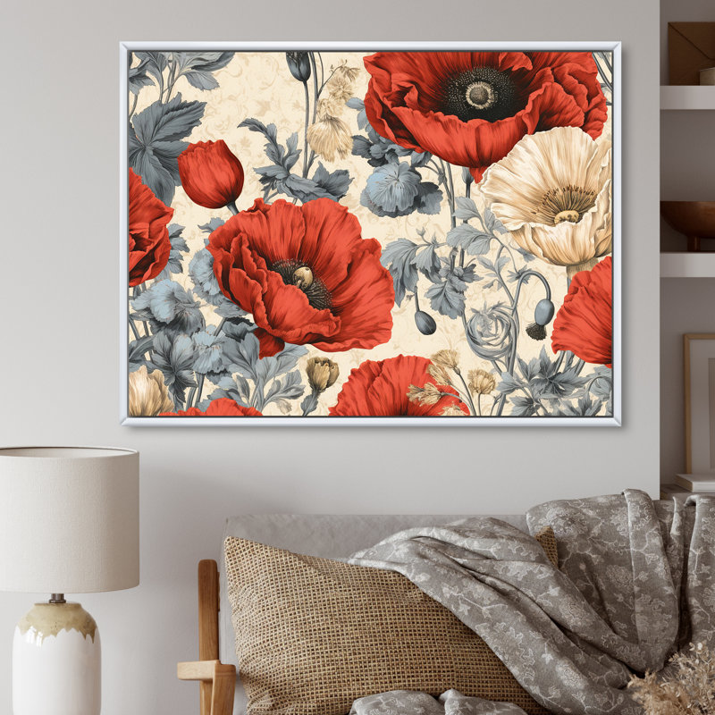 Corail et beige, rêves de coquelicots, H 16 po x l 32 po x P 1 po, Cadre flottant blanc