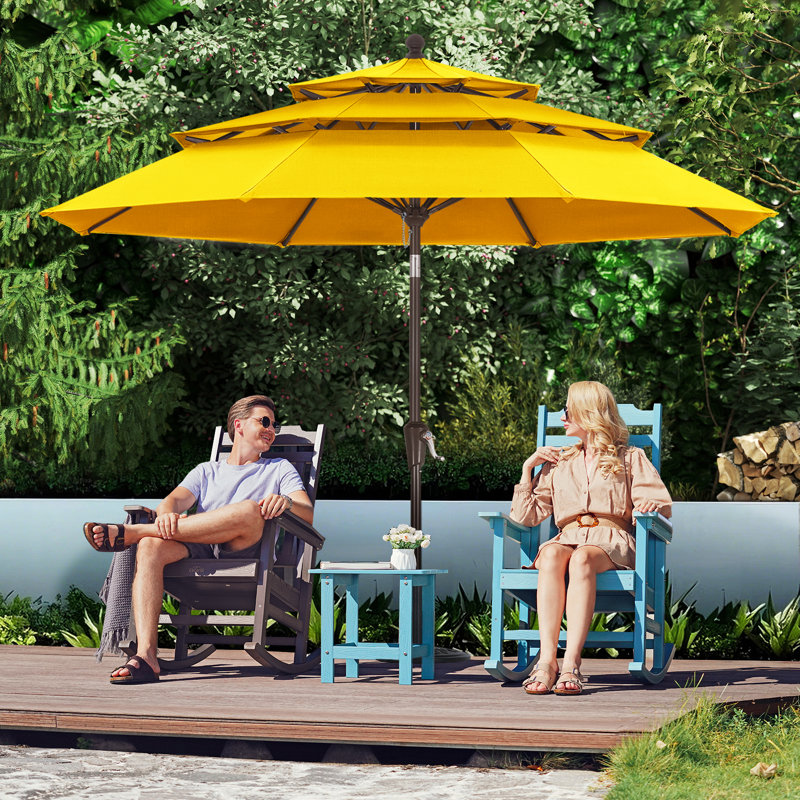 Parasol de marché en oléfine 9 'à 3 niveaux avec inclinaison et manivelle, Jaune rayon de soleil