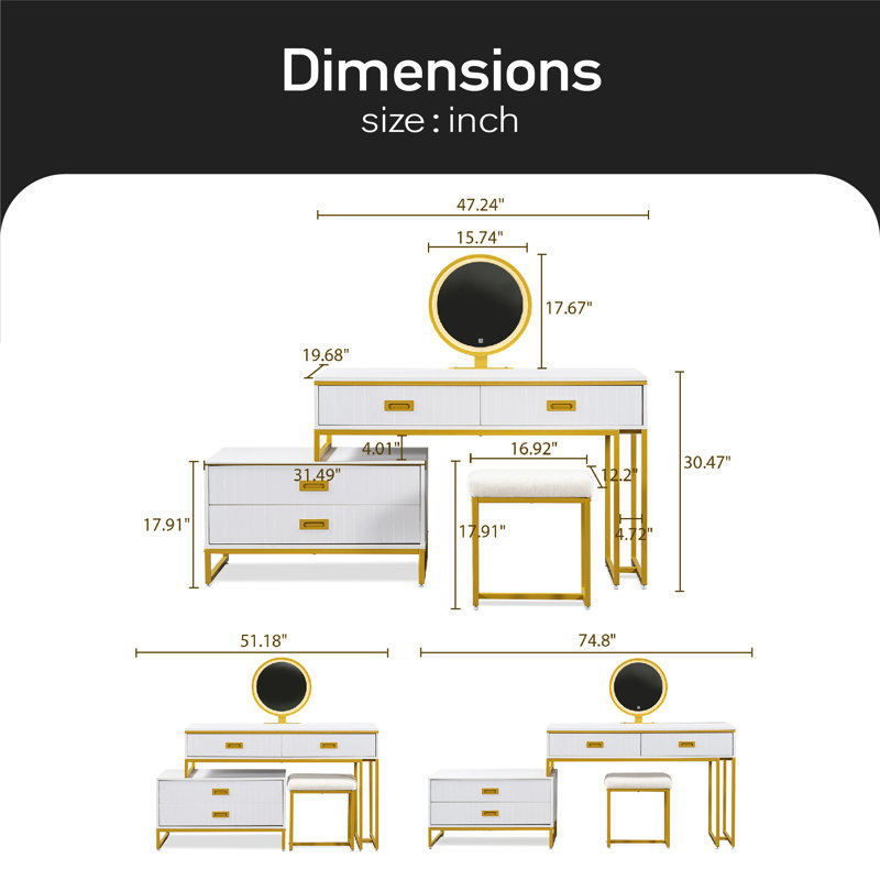 Coiffeuse de style moderne avec armoire latérale mobile et 4 tiroirs, coiffeuse de grande taille avec miroir et lumière DEL 3 couleurs, table de maquillage avec tabouret, blanc, pieds dorés