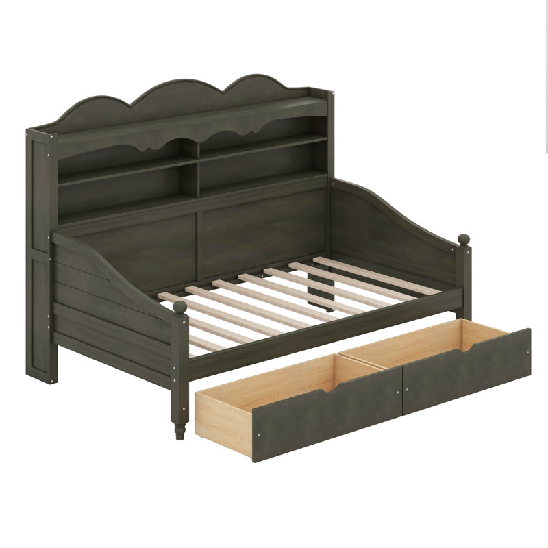 Lit de jour simple avec tiroirs de rangement et étagère de tête de lit, structure de lit de jour rétro en bois, Antique Grey
