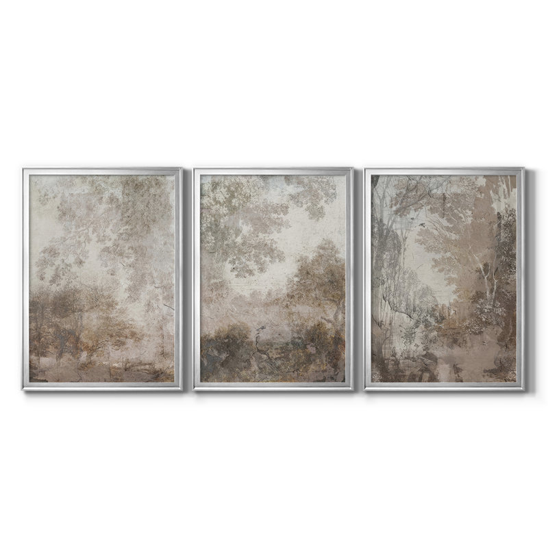 Fresco Collage I - Toile tendue avec châssis sur mesure - 3 pièces, H 27 po x l 39 po, Argent argent