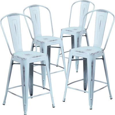 Commercial Grade Distressed Metal Indoor-Outdoor Counter Height Stool with Back