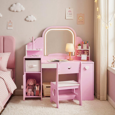 Ensemble de coiffeuse pour enfants avec miroir lumineux à DEL, bibliothèque, armoire de rangement, tiroir et chaise