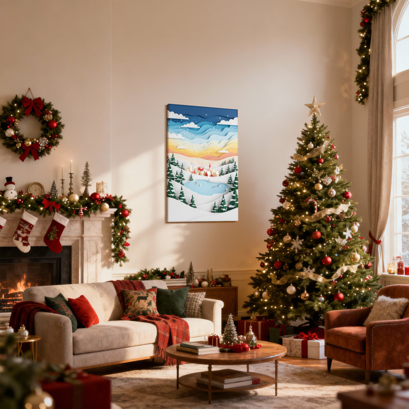 Paysage de Noël d'hiver avec arbres enneigés et village, ensemble de 3 impressions sur toile, H 18 po x l 12 po