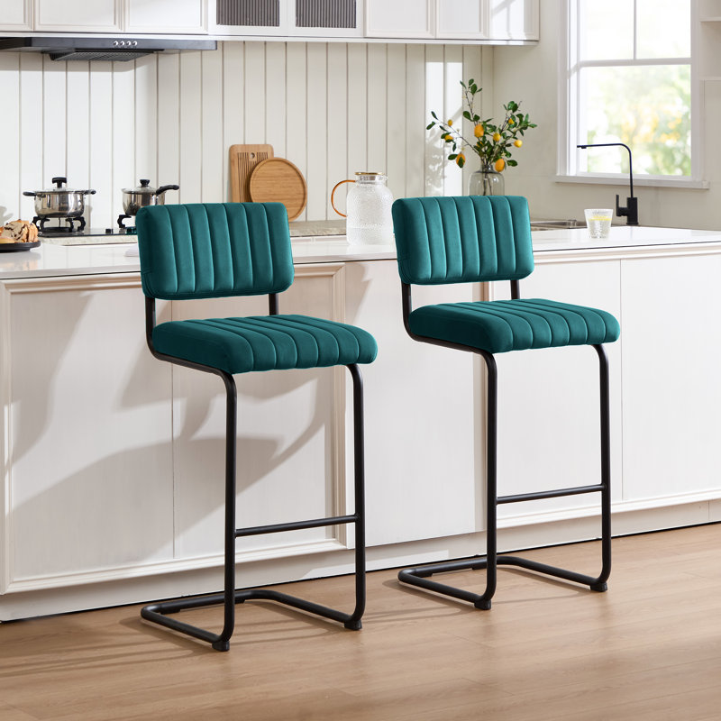 Ambrine Low Back Tufted Velvet Upholstered Counter/Bar Stool with Steel Sled Frame, Bar Stool (Seat Height: 30"), Teal