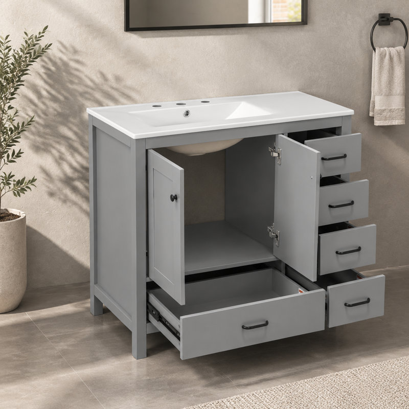 Meuble-lavabo gris avec lavabo en céramique, armoire autoportante de 92 cm (36,18 pouces) avec portes et tiroirs à fermeture amortie