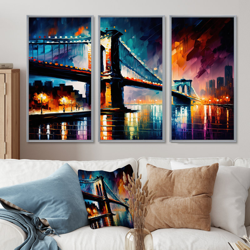 Pont de Brooklyn coloré, ensemble d'art mural sur toile Cityscapes, Cadre flottant noir, H 28 po x l 36 po