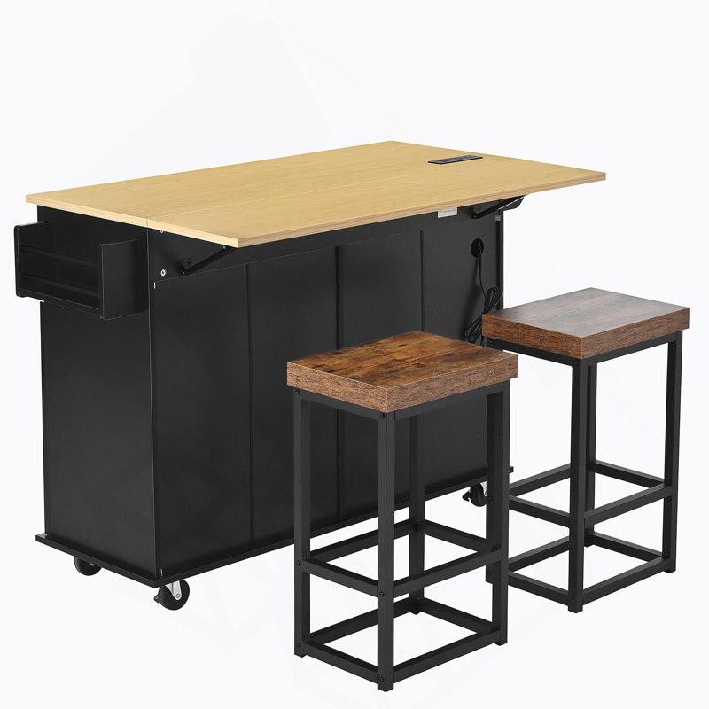Îlot de cuisine Farmhouse avec abattant et 2 sièges, ensemble de table de cuisine avec armoire de rangement, tiroirs, tablettes de porte et prise de courant