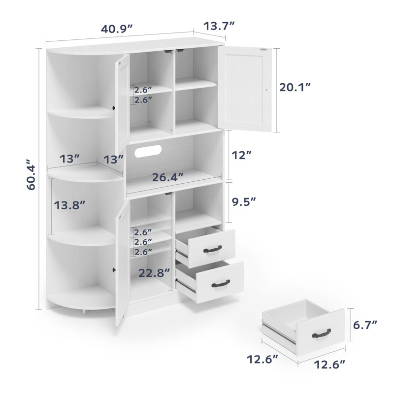 Farmhouse Kitchen Pantry – Microwave Shelf, 6-Tier Circular Rack, 2 Drawers & 2 Cabinets, White