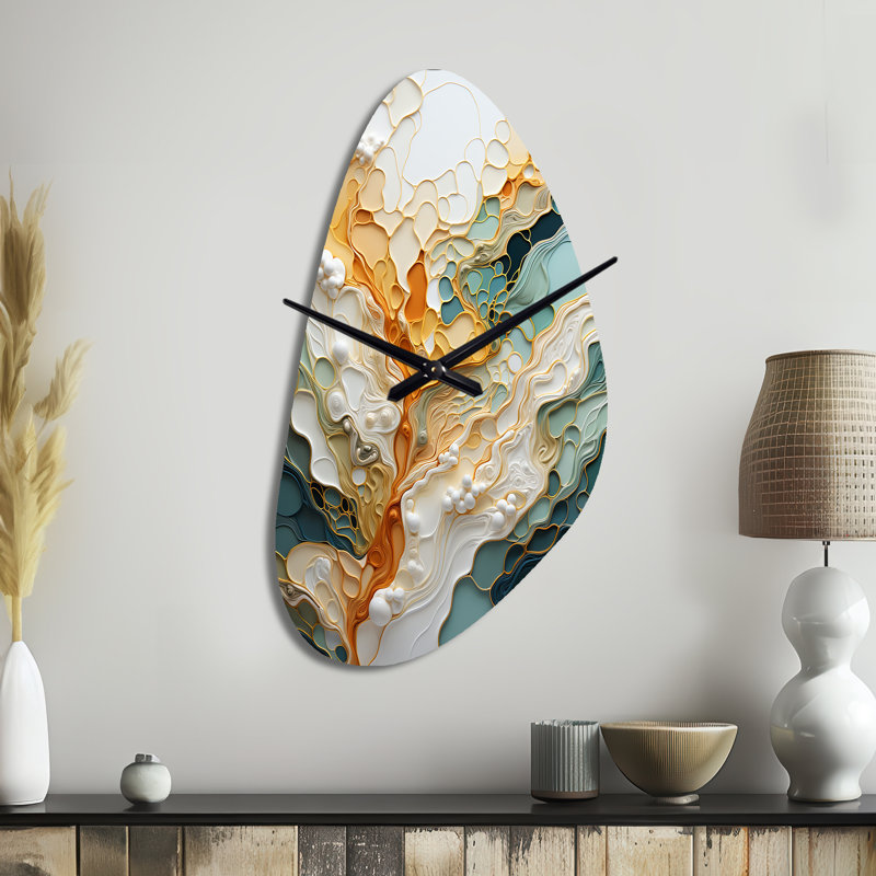 «Orange White Line Art Organic Abstraction», horloge murale asymétrique, Médium