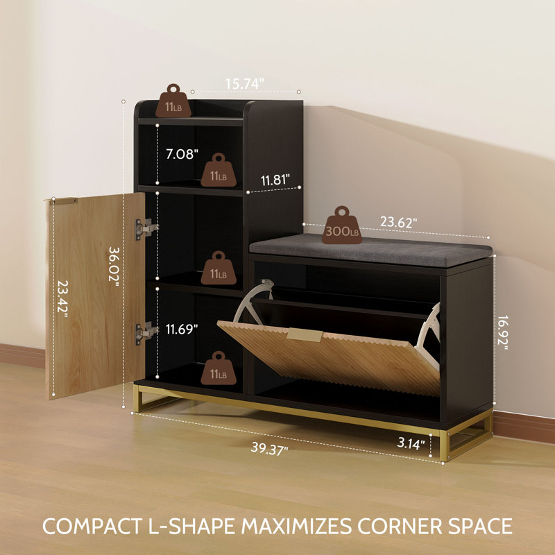 Banc de rangement en L pour chaussures avec tiroir rabattable et coussin lavable, banc de rangement pour chaussures d'entrée de 39 po de largeur