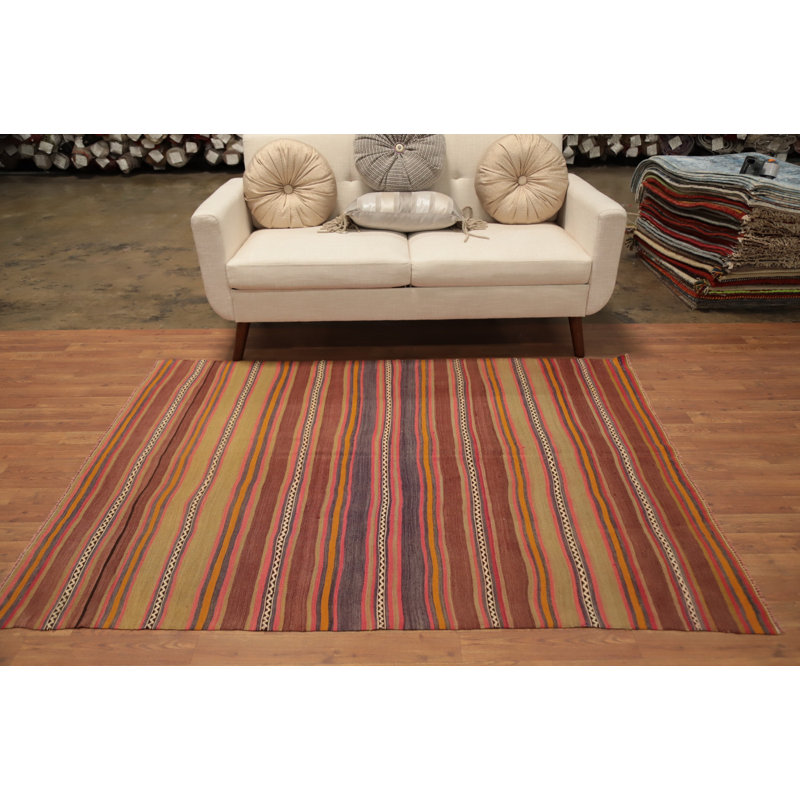 Tapis kilim à rayures colorées 5 x 6 avec détails complexes