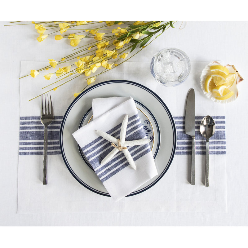Farmhouse - 100% Pure Linen Dinner Napkins, Navy and White