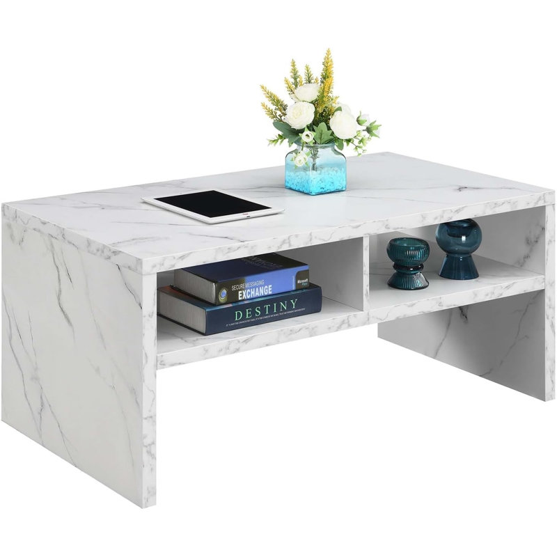 Table basse avec tablettes, finition en faux marbre blanc