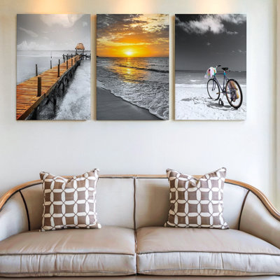 3 pièces, coucher de soleil à vélo, art mural panoramique pour les amateurs de décoration intérieure, trois pièces d'art mural pour le salon, la chambre à coucher, le bureau et la décoration intérieure