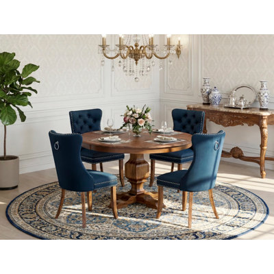 5-Pc Dining Table Set Include a Round Dining Table and 4 Navy Blue Polyester Fabric Dining Chairs with Button-Tufted Back, Antique Walnut