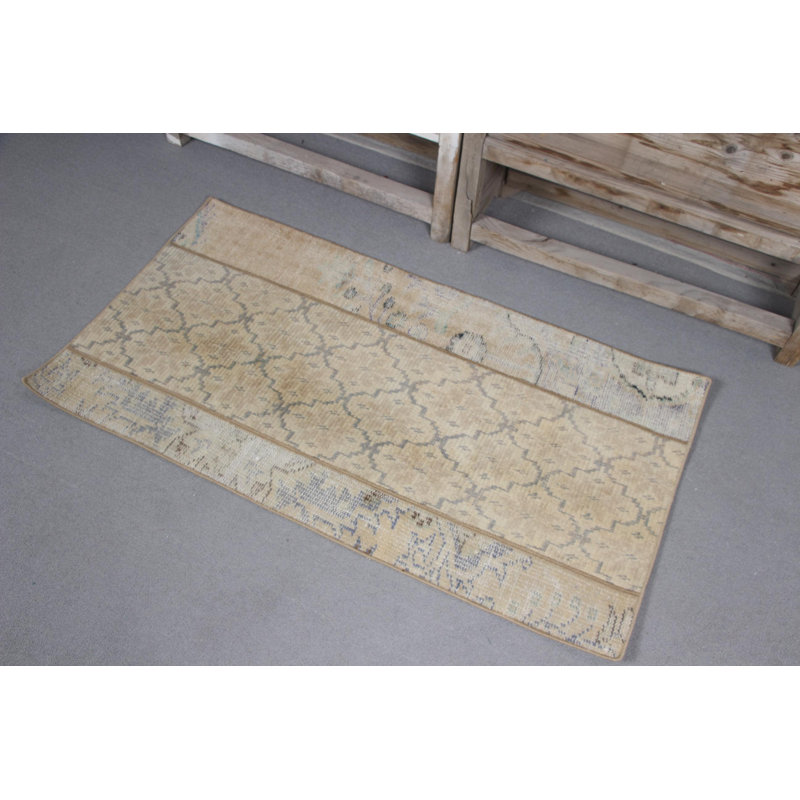Boho Chic Small Turkish Patchwork Rug in Beige Wool Ideal for Entryway