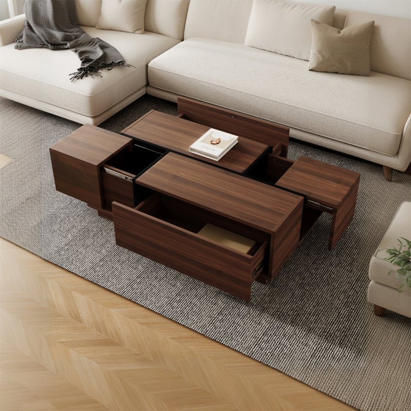 47.2" Modern Rectangular Sliding Top Coffee Table With 2 Drawers And 2 Hidden Storage, Walnut
