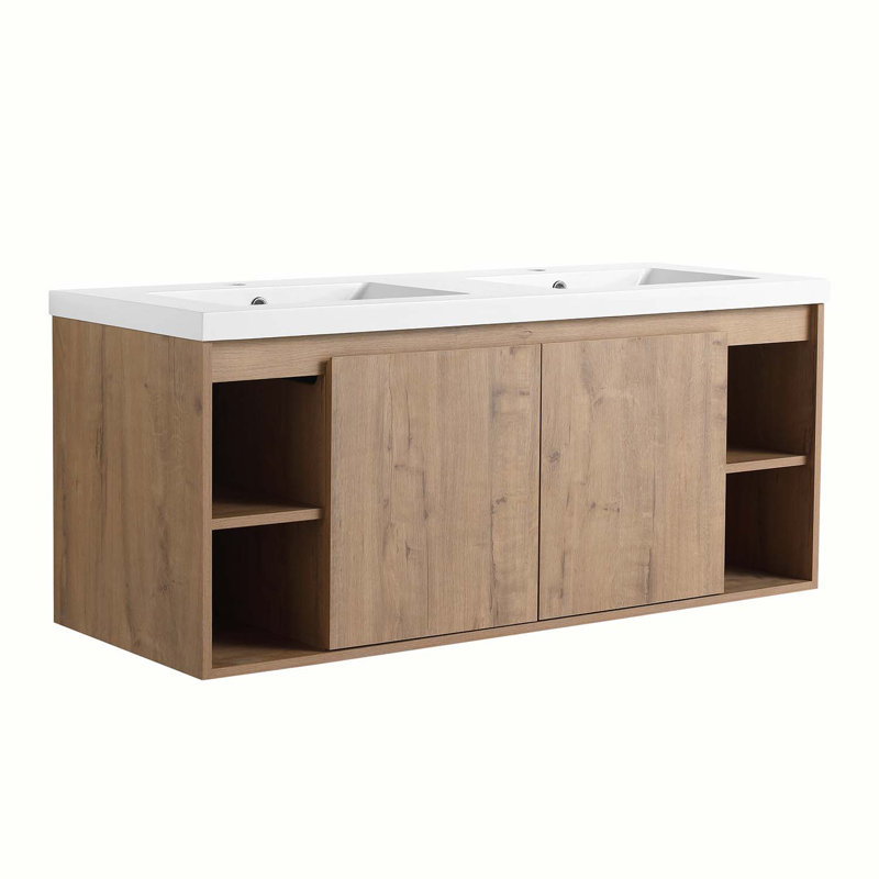 Meuble-lavabo mural 48 po avec double lavabo, charnière de porte à fermeture en douceur Jaretta
