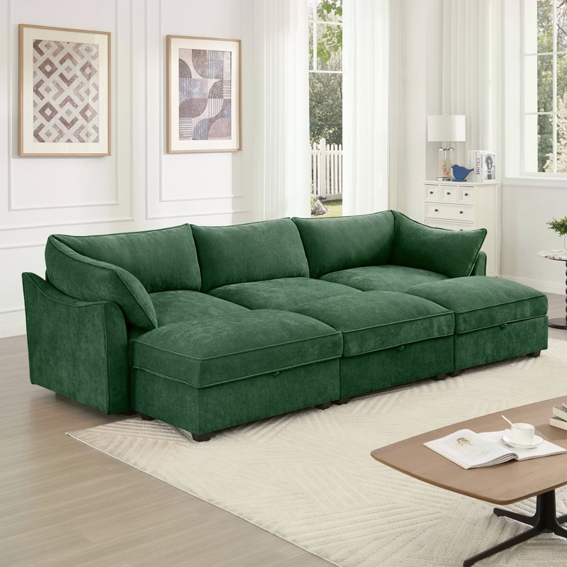Canapé 3 places avec 3 repose-pieds, siège large et profond, canapé cinéma maison, canapé modulaire avec tiroirs de rangement, vert chenille