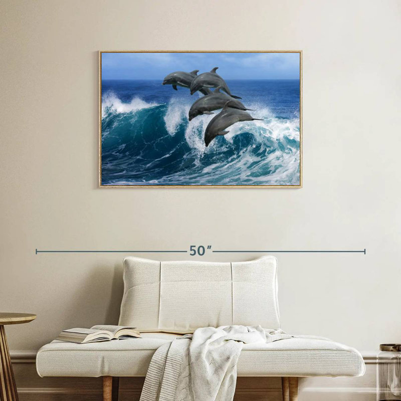 Dauphins à Hawaï, Cadre flottant en bois naturel, 37 po x 25 po