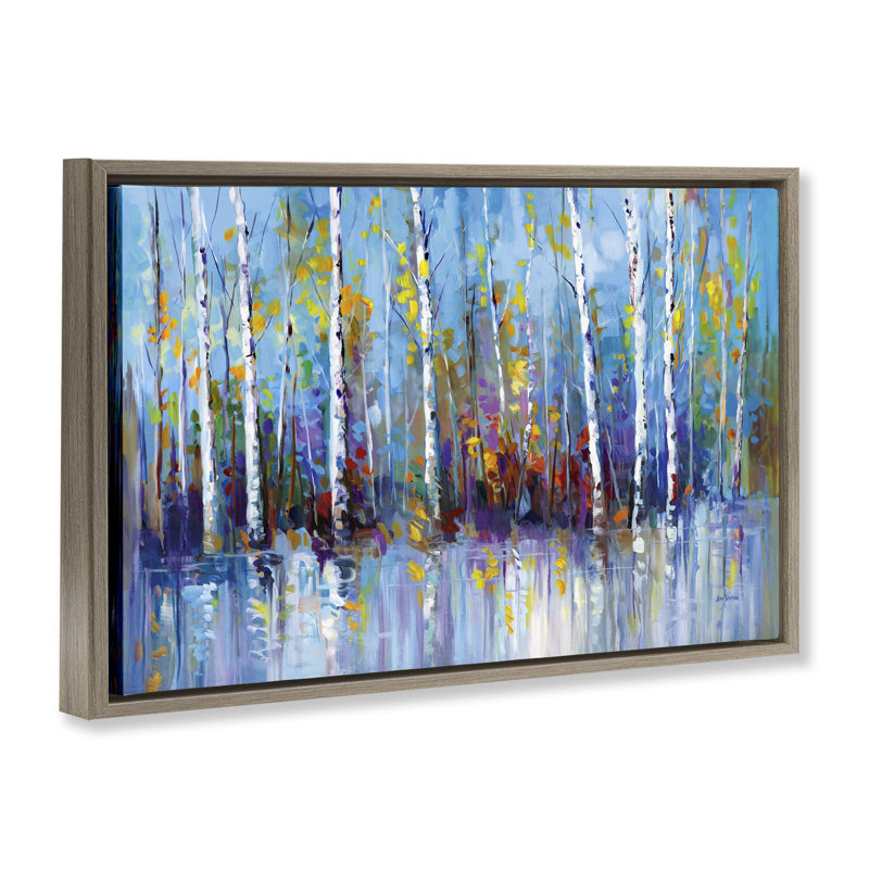 "Vivid Birch Trees Reflection Floater", art mural par Leon Devenice, H 17 po x l 25 po, Cadre flottant orme Montalcino