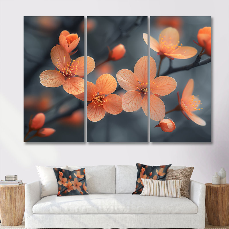 Photo de fleur de cerisier orange pastel - ensemble d'art mural fleur de cerisier, H 28 po x l 36 po x P 1 po, Toile tendue
