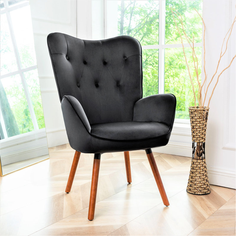 Fauteuil à oreilles de style Mid-Century moderne, fauteuil capitonné en tissu de polyester avec pieds évasés en bois massif pour le bureau de la chambre à coucher et du salon