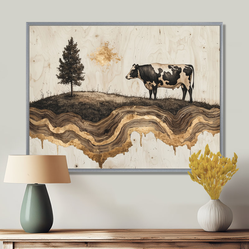 Paysage de ferme d'hiver avec vache dans le champ - ferme, art mural, H 34 po x l 44 po, Floater Framed, Argent argent