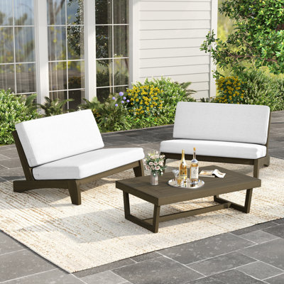 Ensemble de patio 3 pièces en bois de teck massif Polett, ensemble de conversation pour l'extérieur avec 2 causeuses, table basse et coussins résistants aux intempéries
