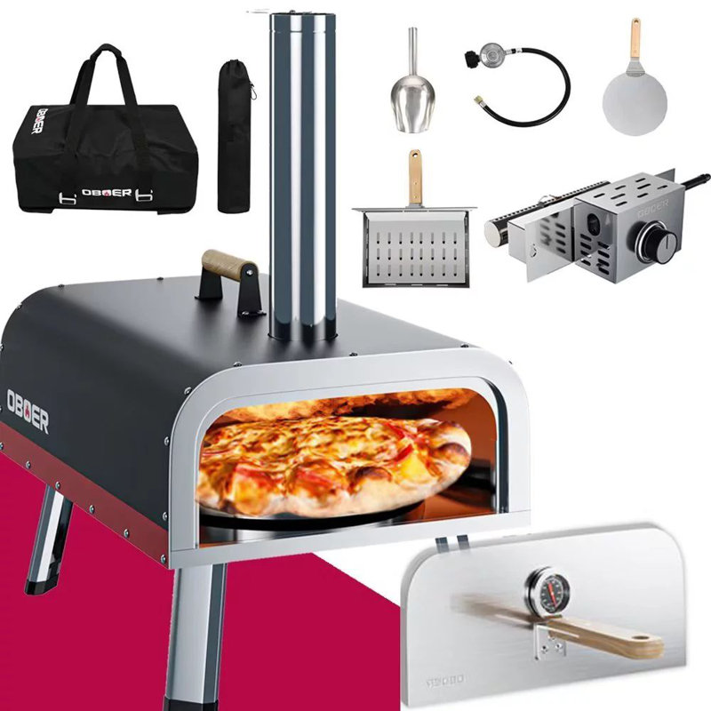 Outdoor Multi-Fuel Rotatable Portable Wood Fired and Gas Pizza Oven, Stainless Steel 3-Layer with Built-in Thermometer,Pizza Cutter & Carry Bag