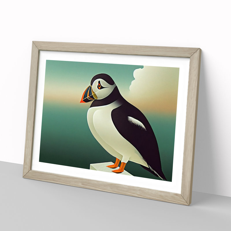 XH1022-6996X Pleasant Puffin Bird - Single Picture Frame Print, 34cm H x 46cm W x 2cm D, Oak Framed