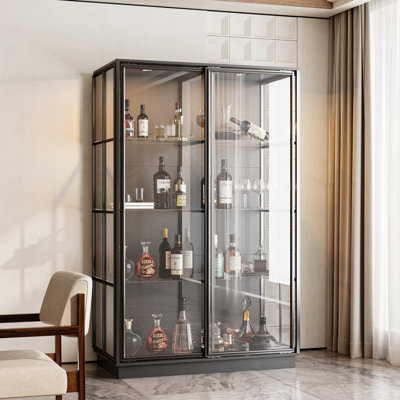 74.8"H Modern China Cabinet With Glass Sliding Doors & LED Lighting
