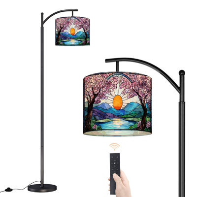 Arc Floor Lamp with Adjustable Lampshade Cherry Blossom Trees Mountain Standing Lamp 3 Color Temperatures Dimmable Tall Pole Lamp with Foot Switch for Bedroom